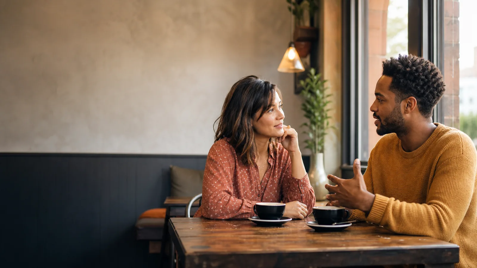 Two adults having a thoughtful conversation over coffee.
