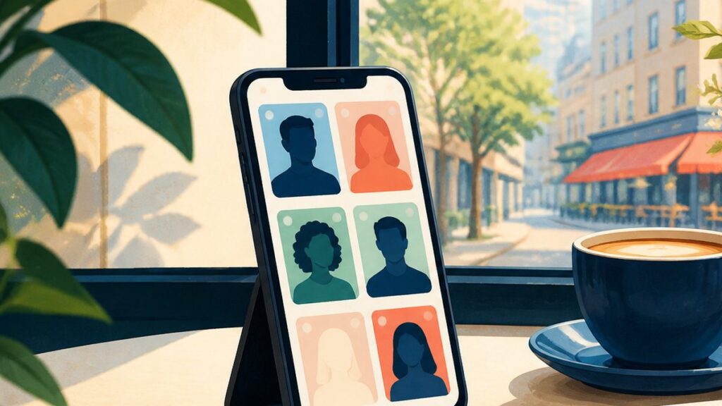 Editorial illustration of a phone showing an app sign-up sequence.