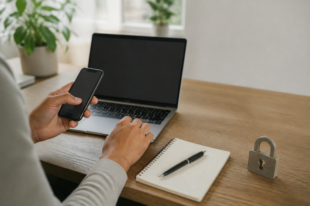 Anonymous adult reviewing privacy settings on unbranded devices at a desk.