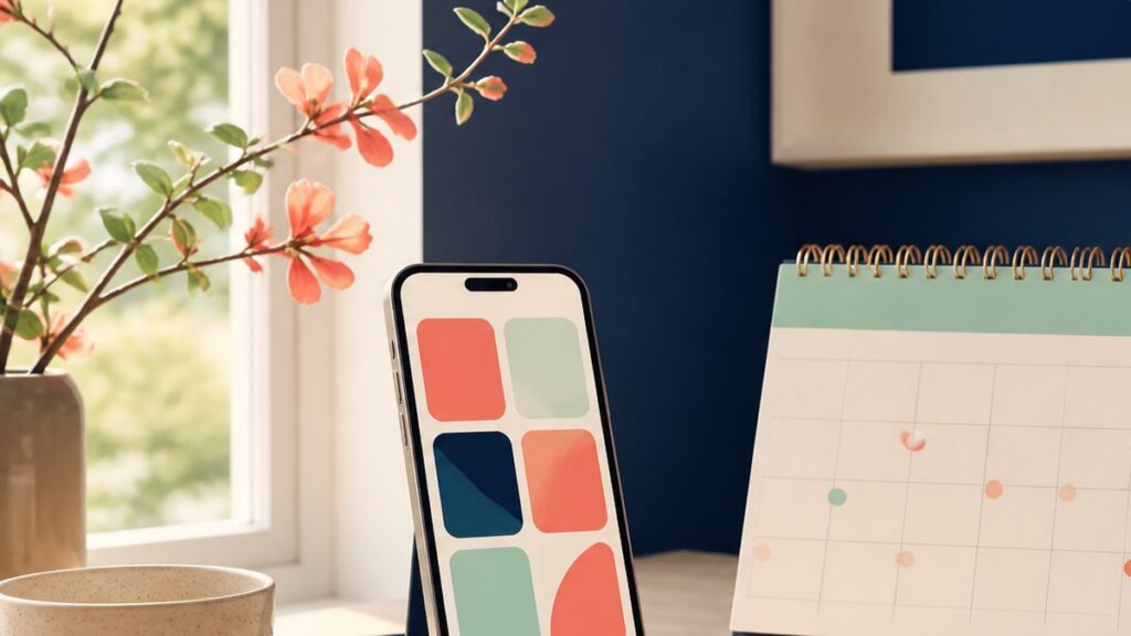 Editorial illustration of a phone and notebook on a home desk in the evening.