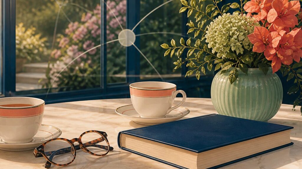 Editorial illustration of a quiet cafe table set for a short first meeting.