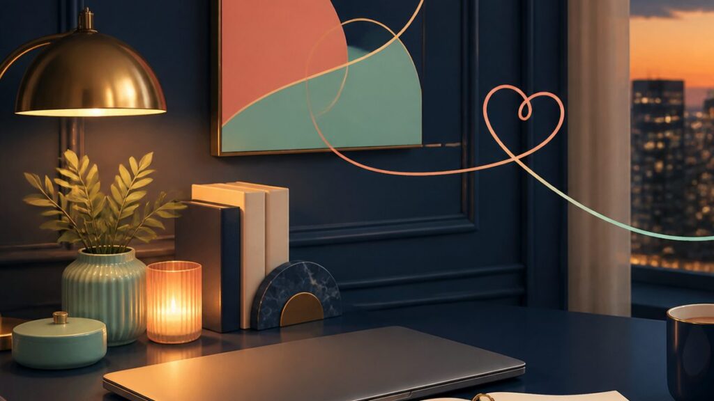Editorial illustration of an evening desk with a laptop, a diary and a lamp.