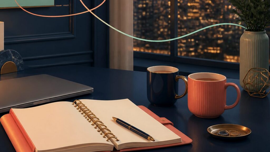 Editorial illustration of a diary and coffee cup during a short scheduled break.