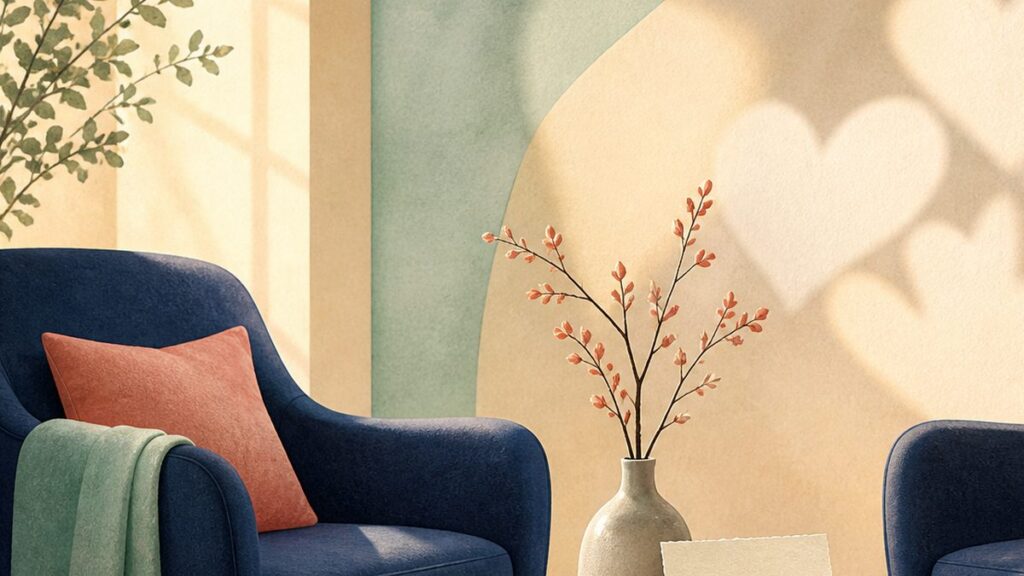Editorial illustration of an unhurried conversation in a quiet reading corner.