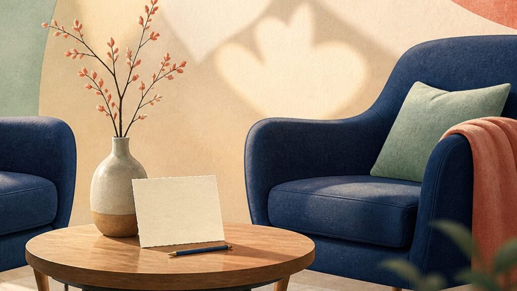 Editorial illustration of two cups on a table during an unhurried conversation.