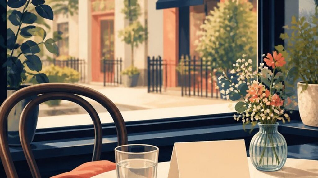 Editorial illustration of a small public cafe table set for a short meeting.
