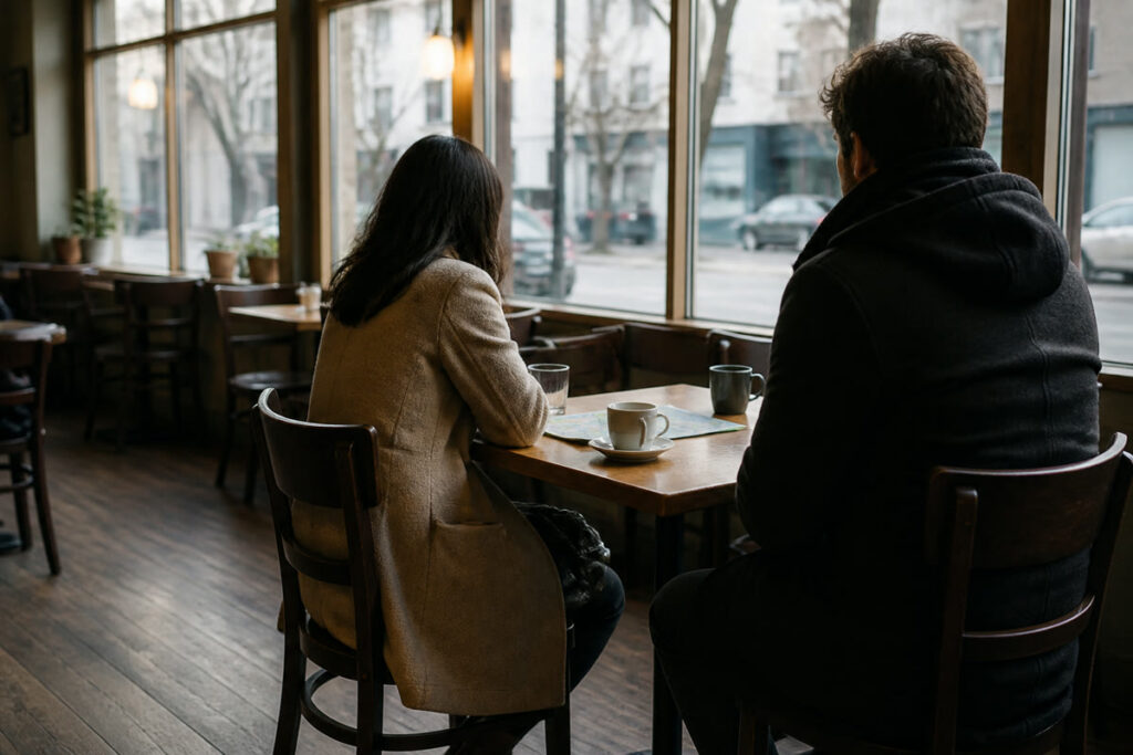 Two anonymous adults meeting in a public cafe with a city map on the table.