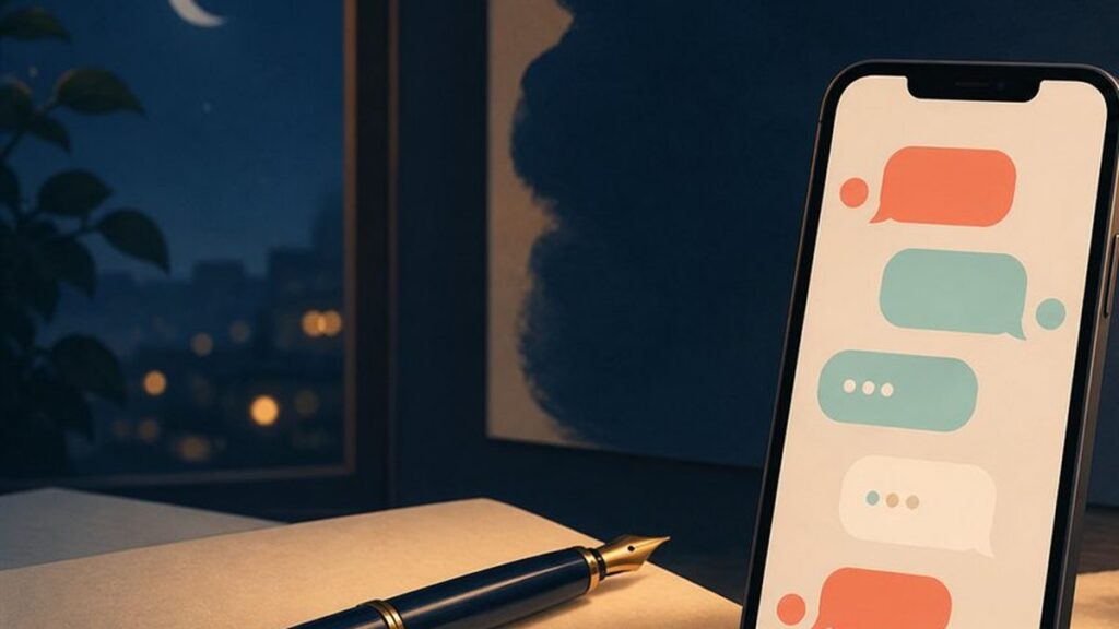 Editorial illustration of a short message being composed thoughtfully.