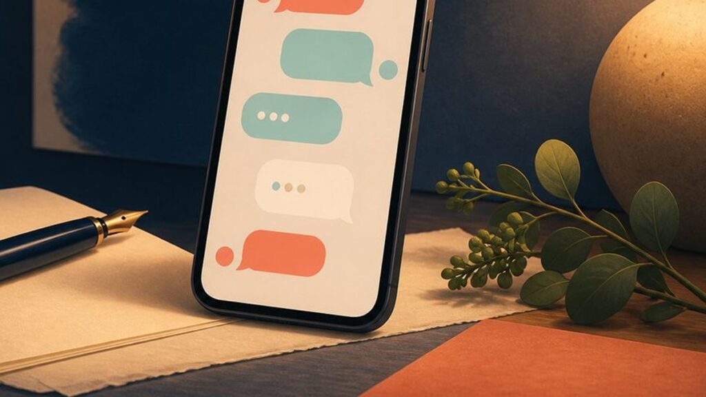 Editorial illustration of a calm, friendly exchange of short messages.