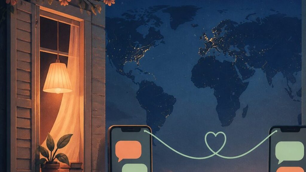 Editorial illustration of a long-distance conversation held at a quiet desk.