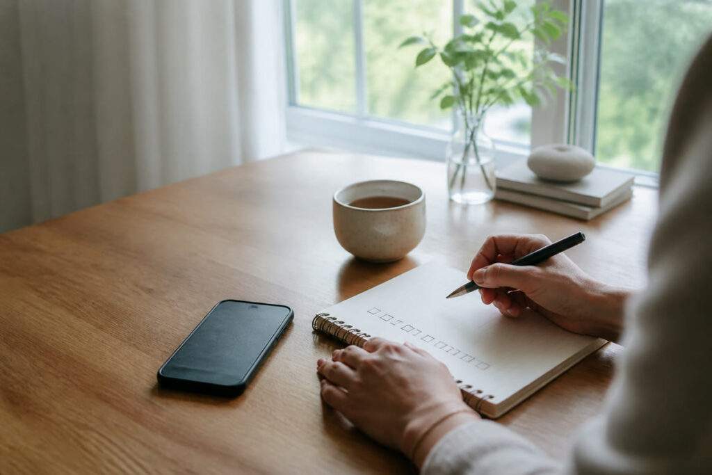 Anonymous adult pausing to review a safety checklist beside a phone.