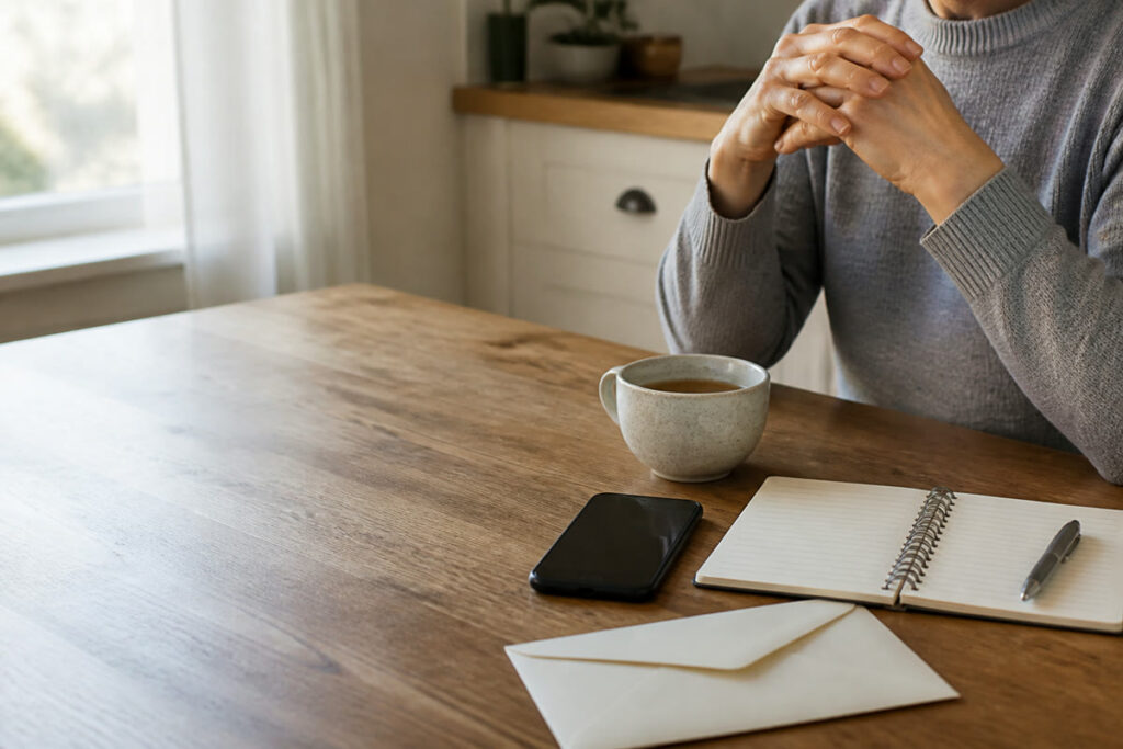 Anonymous adult pausing at a table before an online payment decision.
