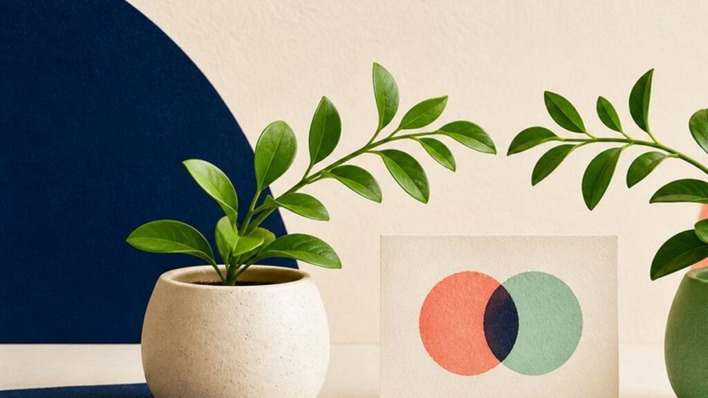 Editorial illustration of two people in an unhurried conversation about shared values.