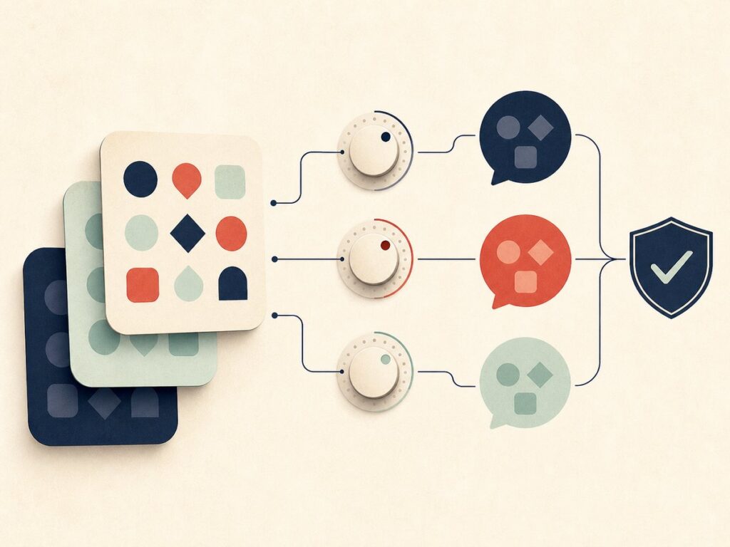 Abstract filter map with selectors, conversation symbols and a safety check.