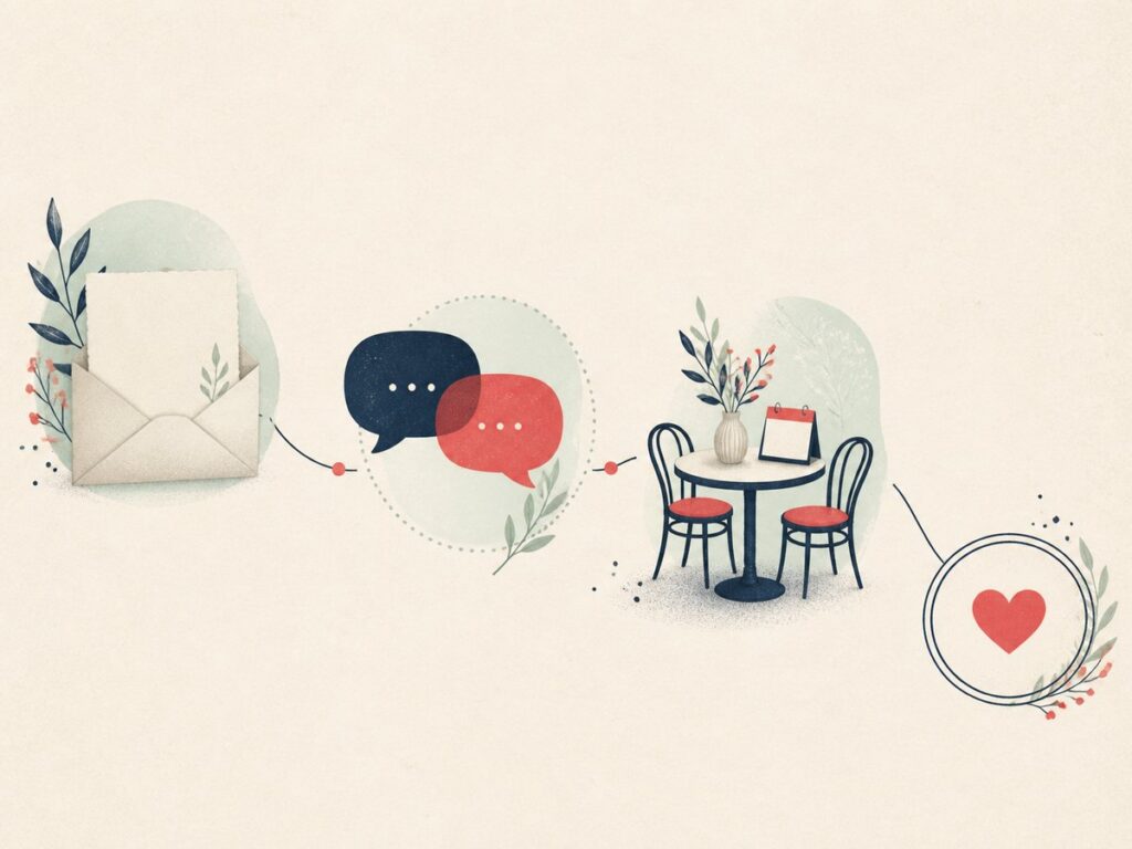 Illustrated sequence from a message to a conversation and a meeting plan.